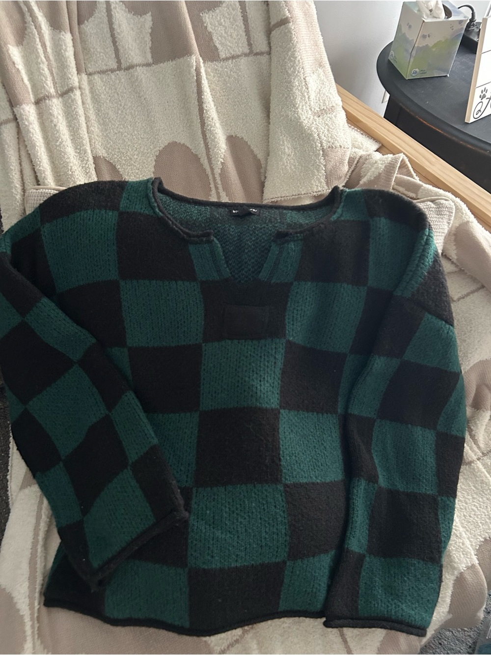 Blu Pepper Green and Black Check Crewneck Crop Sweater